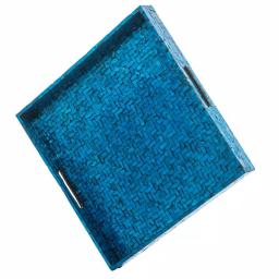 Abigails Blue Lacquered Wooden Basket Weave Square Serving Tray, 17.75 in. thumbnail 1