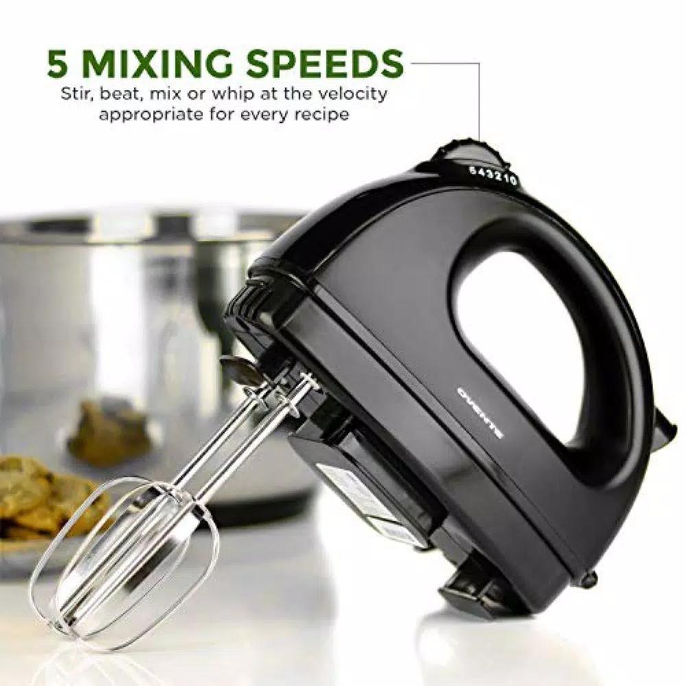Ovente HM161 5-Speed Electric Hand Mixer, 150W, with Stainless Steel Chrome Beaters and Snap-On Storage Case, Black