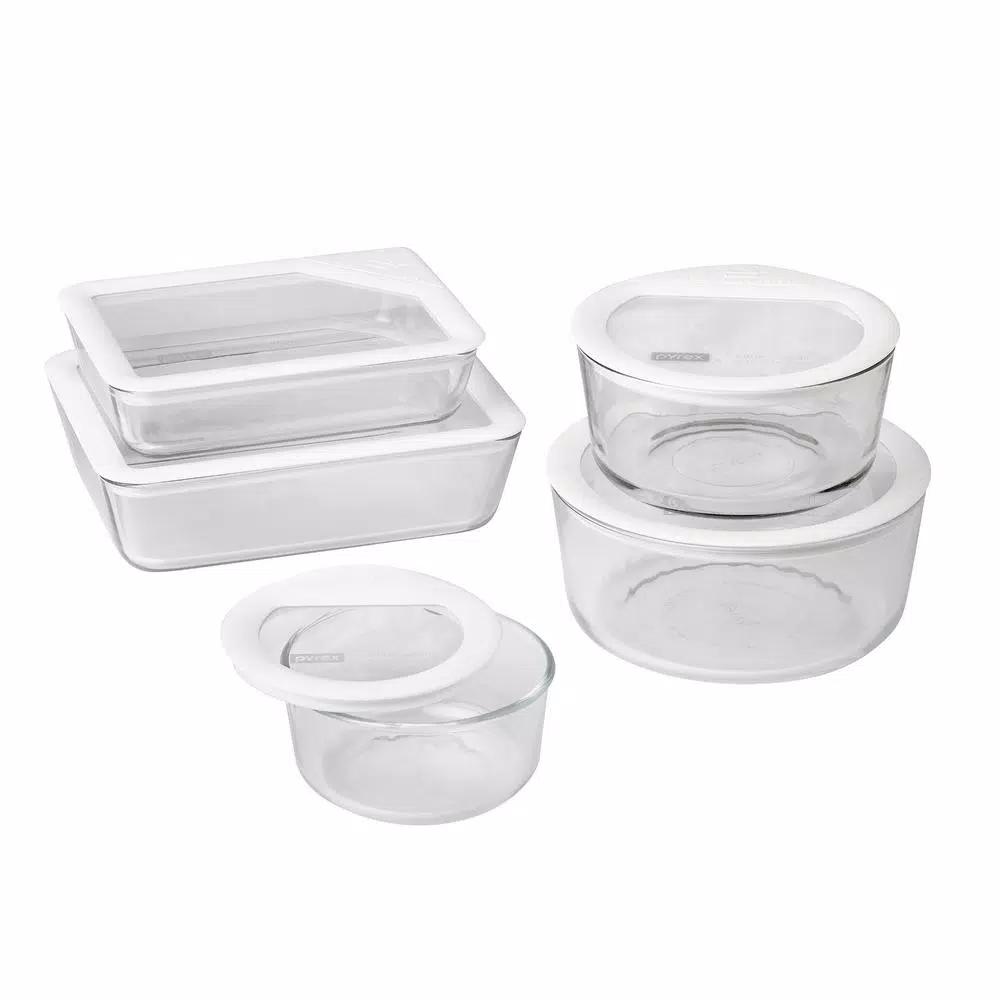 Pyrex Ultimate 10-Piece Glass Food Storage Set with Oven-Safe Glass Lids and White Silicone Rims
