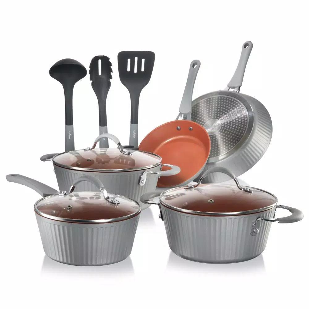 NutriChef 11-Piece Aluminum Nonstick Cookware Set with Gold Lines
