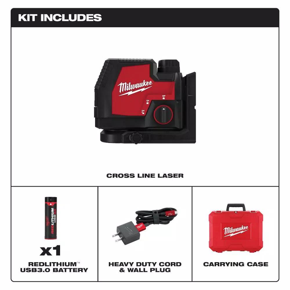 Milwaukee REDLITHIUM USB Green Cross Line Laser Level, 100 ft. Range