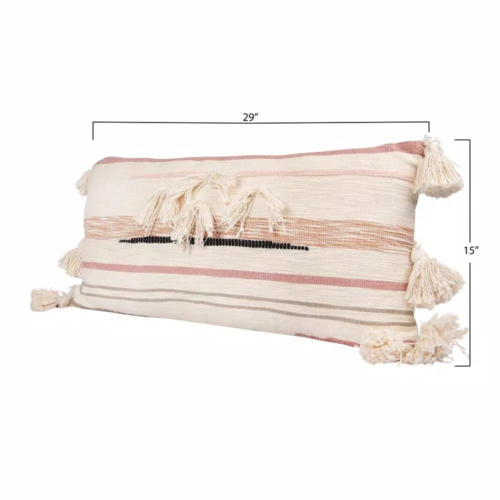 3R Studios Pink, Brown and Black Striped Kilim Throw Pillow with Tassels, 28 x 14 in.