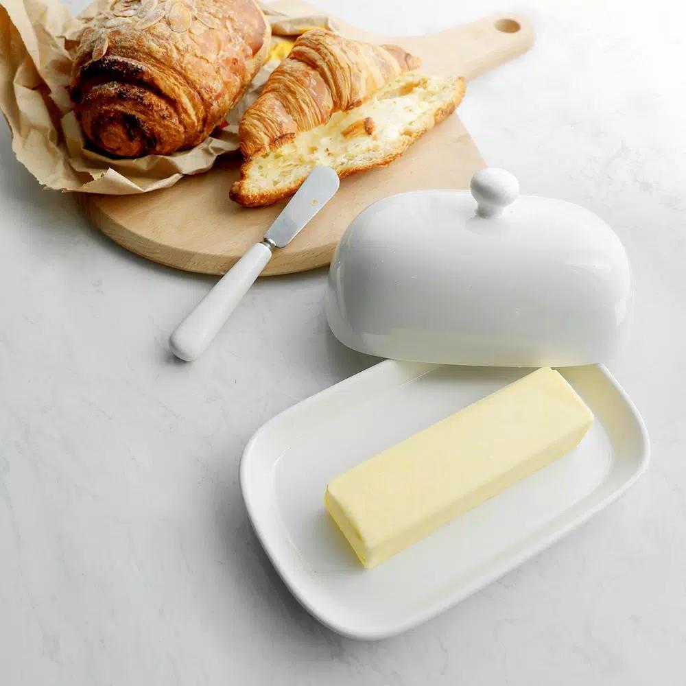 Sweese Porcelain Butter Dish with Lid - White, Modern Round Butter Keeper for 1 Stick