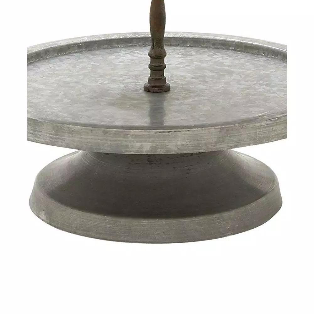 Benzara Modern 2-Tier Metal Serving Tray Stand with Handle, Galvanized Round Trays