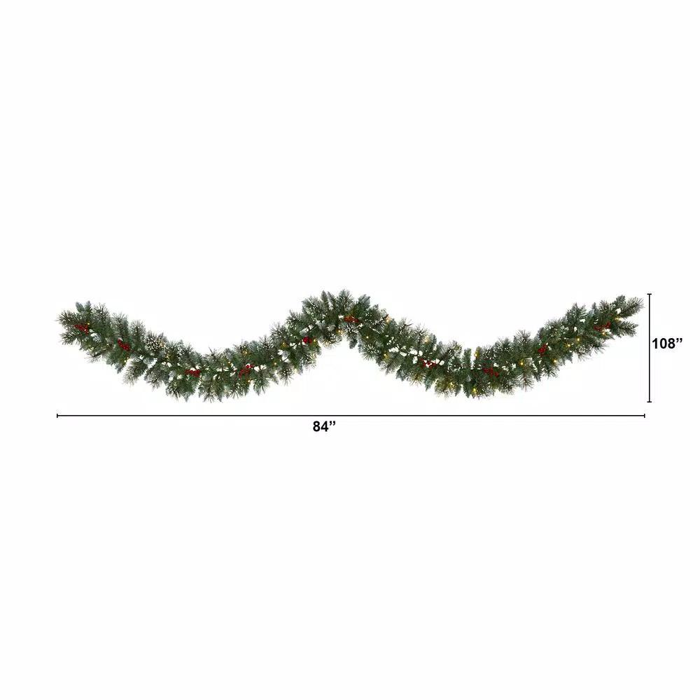 Nearly Natural 9 ft. Pre-lit Frosted Swiss Pine Artificial Garland with 50 LED Lights and Berries
