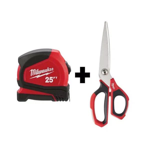 Milwaukee 25 ft. Compact Tape Measure and Jobsite Straight Scissors Set