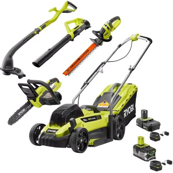 RYOBI ONE+ 18V Lithium-Ion 5-Tool Lawn and Garden Kit (Mower, Blower, Chainsaw, Hedge Trimmer, String Trimmer)
