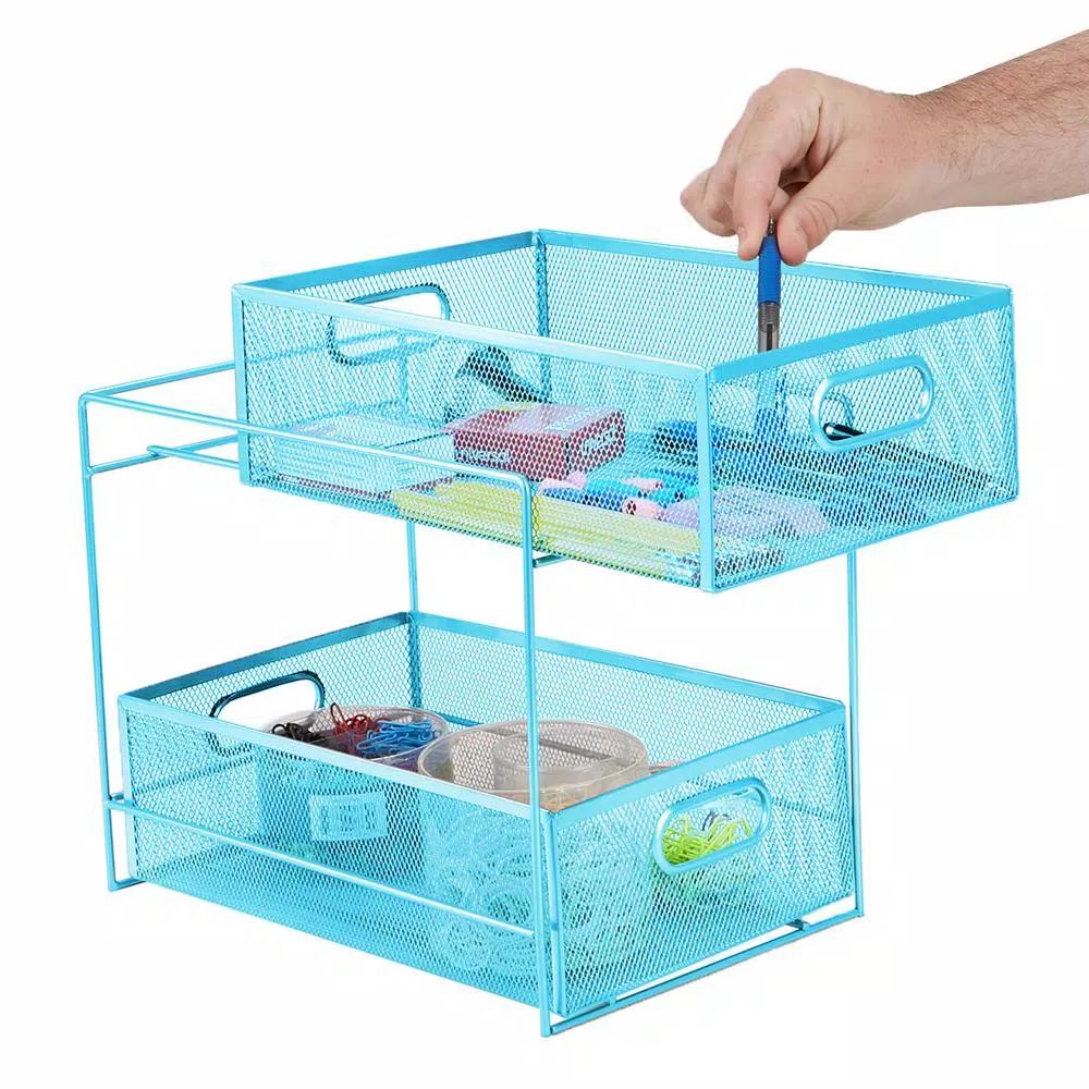 MIND READER 2-Tier Metal Mesh Utensil Caddy & Flatware Organizer, Blue