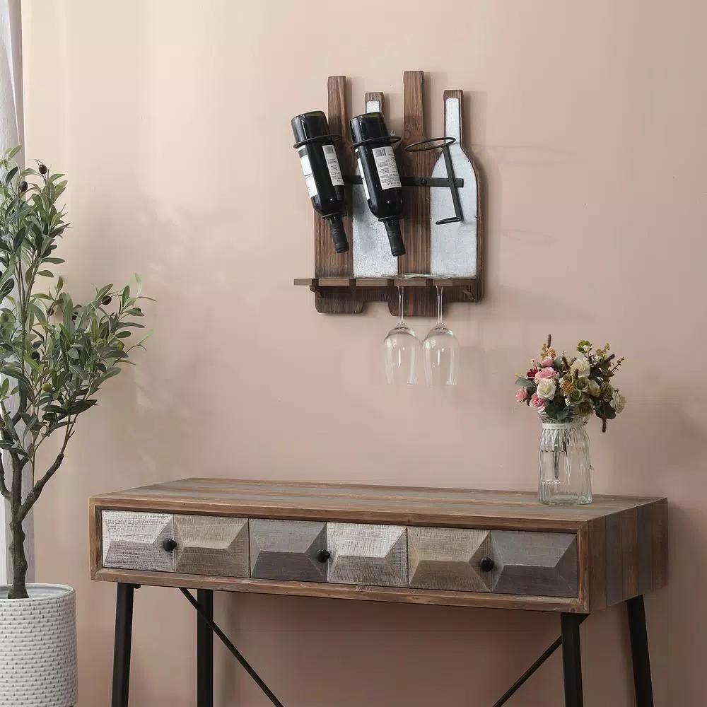 Luxen Home Rustic Wood & Metal Wall Mounted Wine Rack - Holds 3 Bottles & 4 Glasses