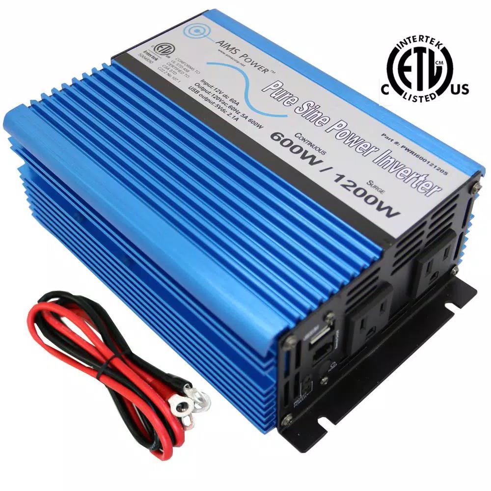 AIMS Power 600W Pure Sine Wave Inverter, 12V DC to 120V AC, ETL Listed