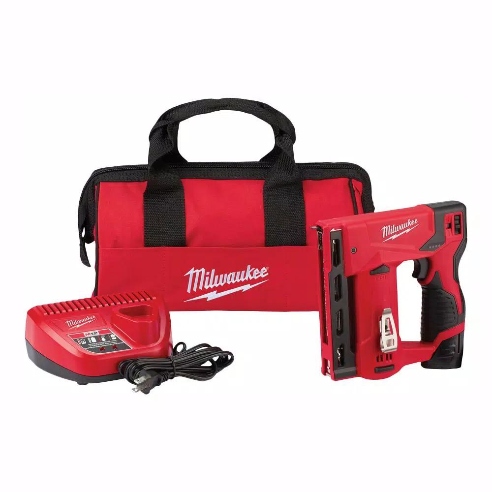 Milwaukee M12 12V Lithium-Ion Cordless 3/8 in. Crown Stapler Kit with 1.5Ah Battery, Charger & Bag