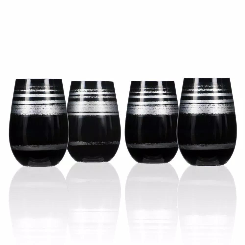 Rolf Glass Cosmo 16.5 oz. Stemless Wine Tumblers, Black/Silver (Set of 4)