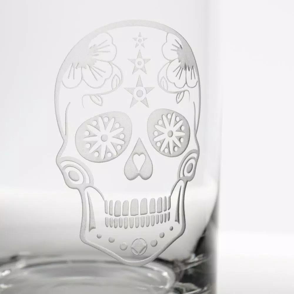 Rolf Glass Sugar Skull 16 oz. Pint Glass Set of 4 - Sand-Etched Glassware