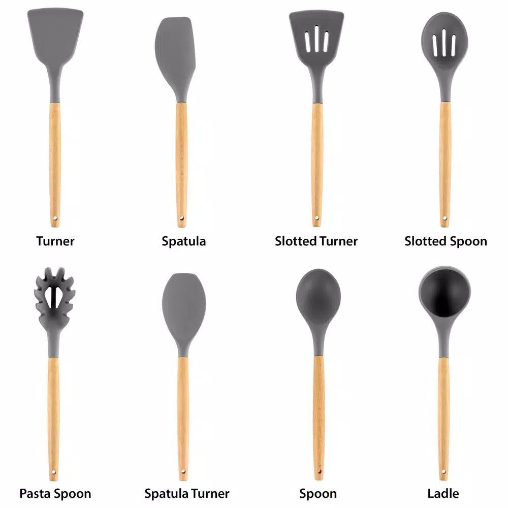 MegaChef 9-Piece Gray Silicone and Wood Kitchen Utensil Set with Ceramic Holder