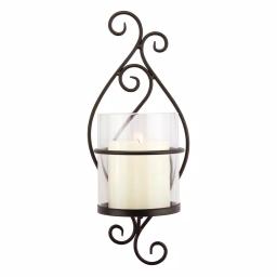 Stonebriar Collection Stonebriar Black Metal Scrolled Pillar Candle Sconce with Glass Cylinder thumbnail 1