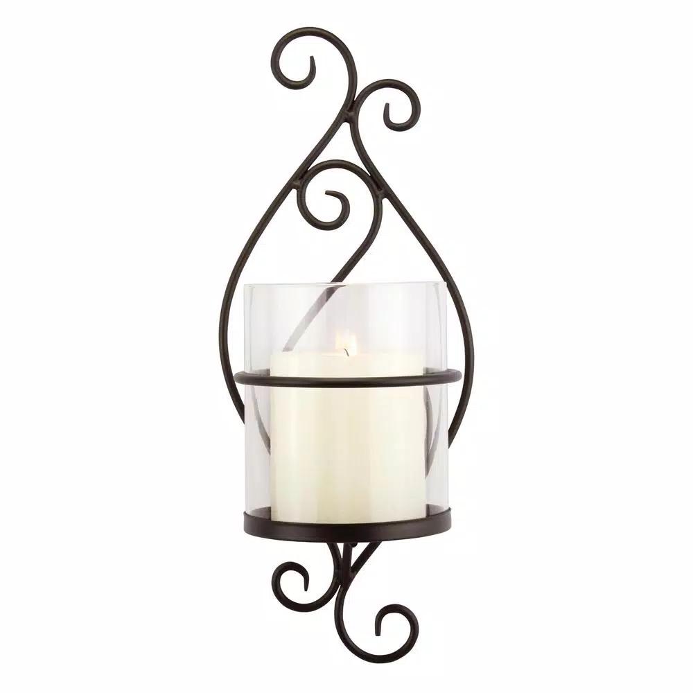 Stonebriar Collection Stonebriar Black Metal Scrolled Pillar Candle Sconce with Glass Cylinder