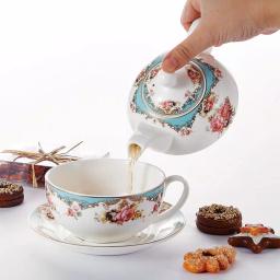 MALACASA Elegant Porcelain Tea Set for One - 3 Piece Teapot, Teacup and Saucer Set, White with Pattern thumbnail 3