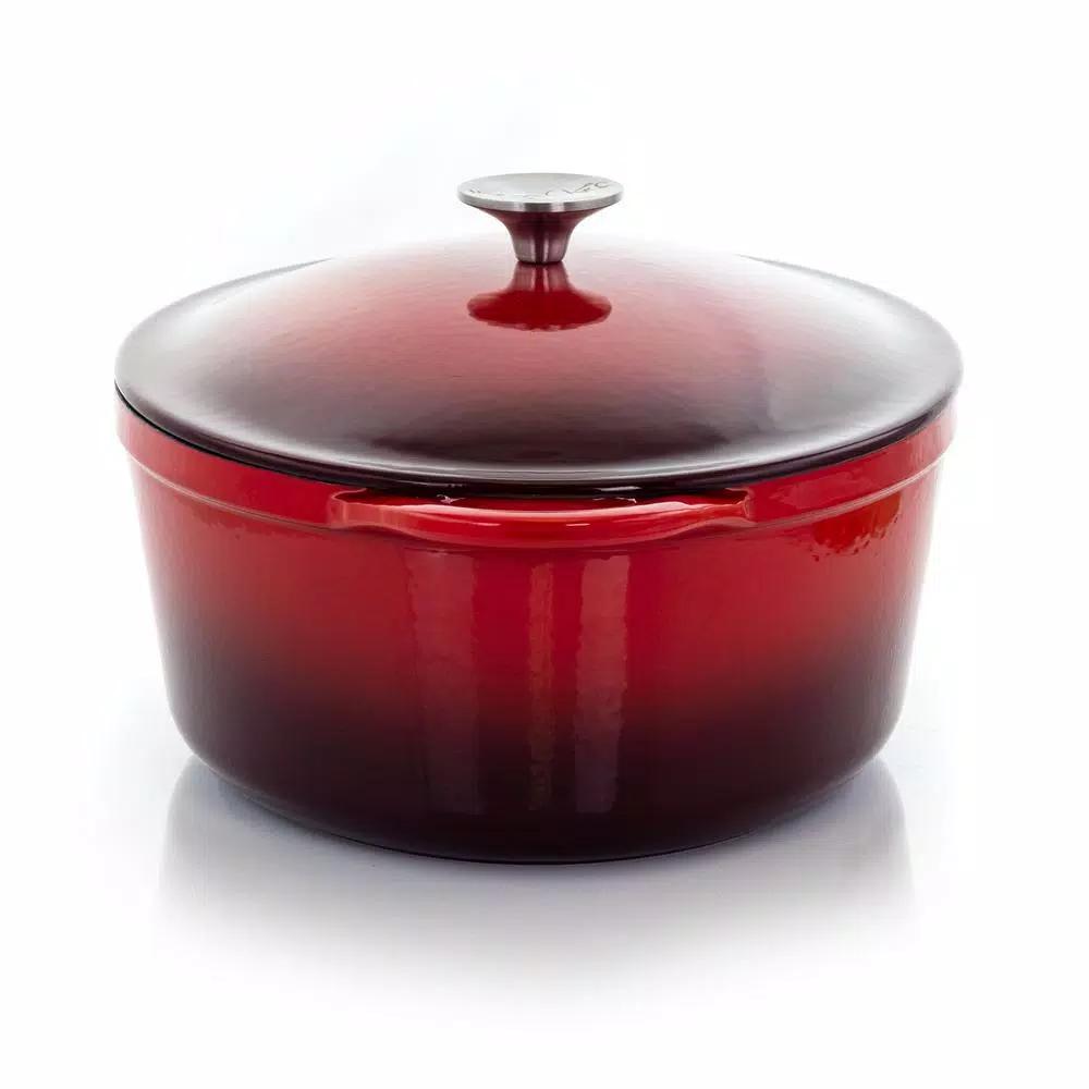 MegaChef 7 Qt. Oval Enameled Cast Iron Casserole Dish with Lid, Red
