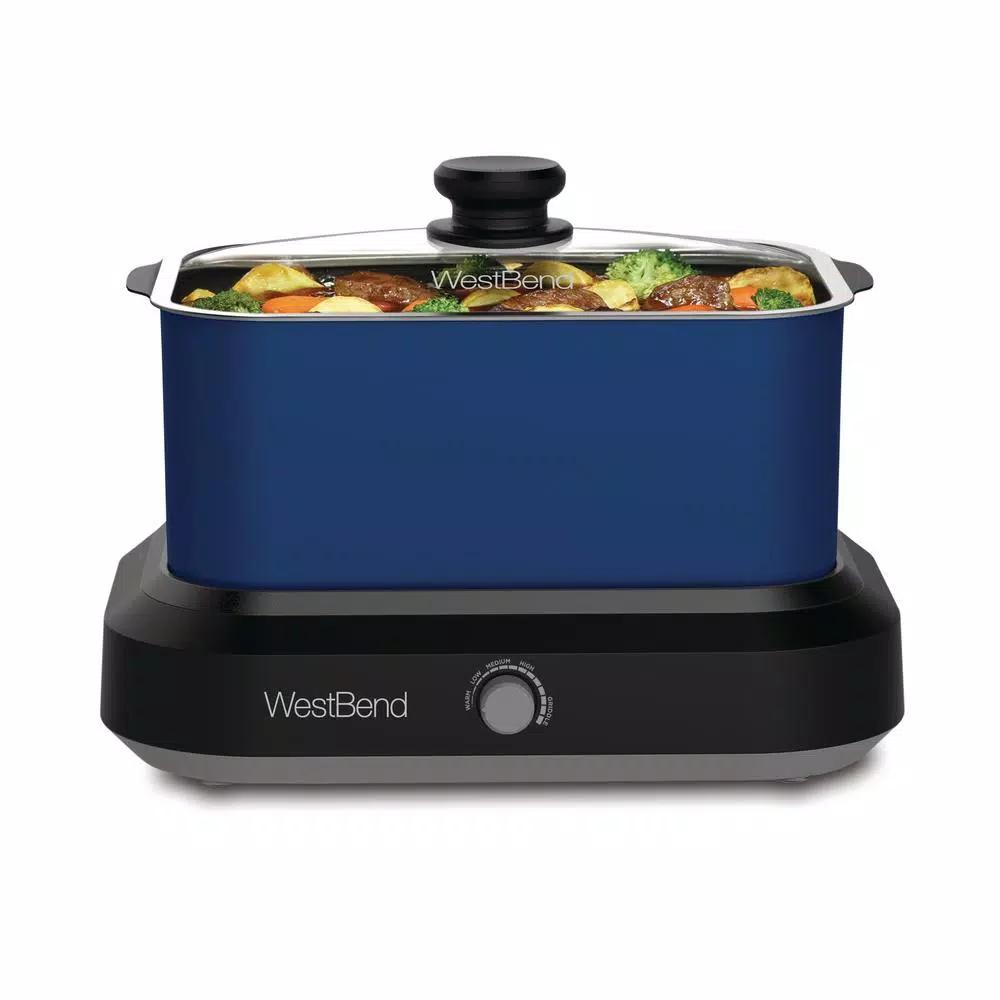 West Bend 6 Qt. Blue Non-Stick Versatility Slow Cooker with Griddle Base, Travel Lid, and Thermal Tote