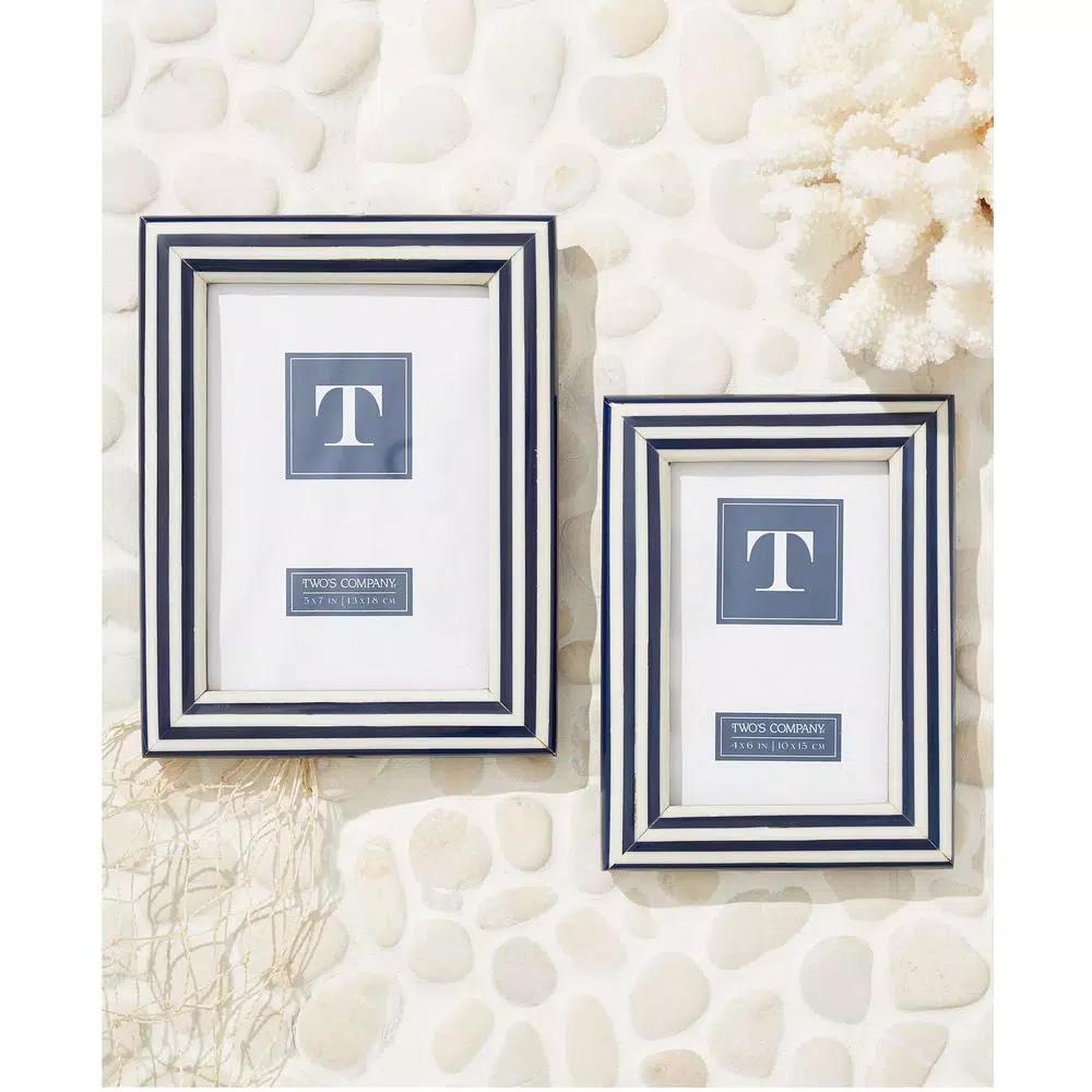Two's Company Nautical Blue and White Striped Resin Picture Frame Set of 2 - 4x6 and 5x7