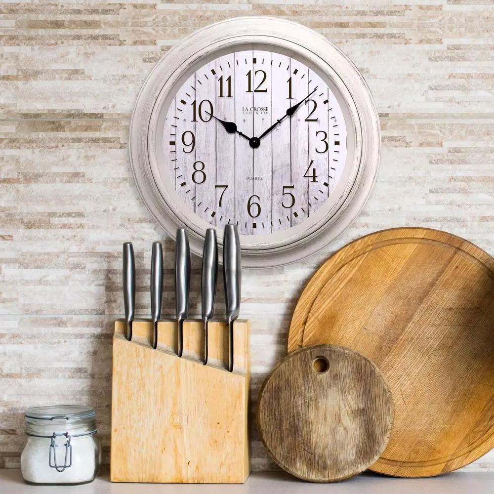 La Crosse Technology 14 in. Round White Distressed Barn Wood Style Wall Clock with Quartz Movement