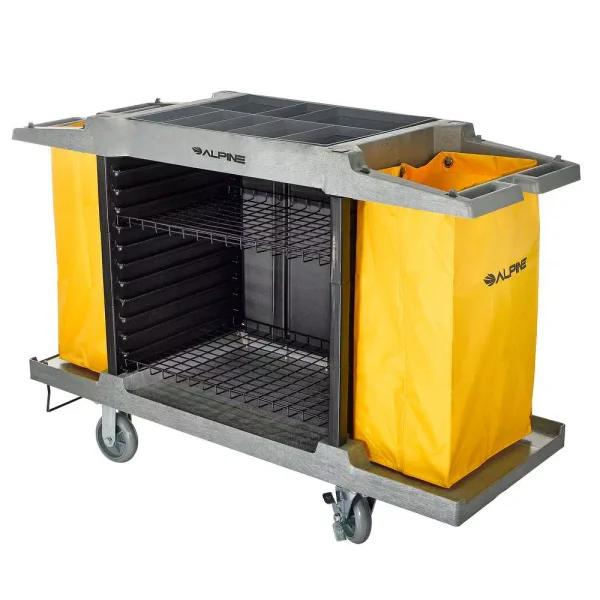 Alpine Industries 2-Wire Shelf Janitorial Cleaning Cart with 2 Yellow Vinyl Bags
