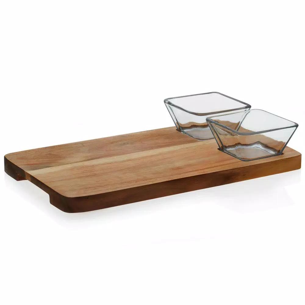 Libbey Acaciawood 3-Piece Glass Dipping Bowl Set with Wood Serving Board