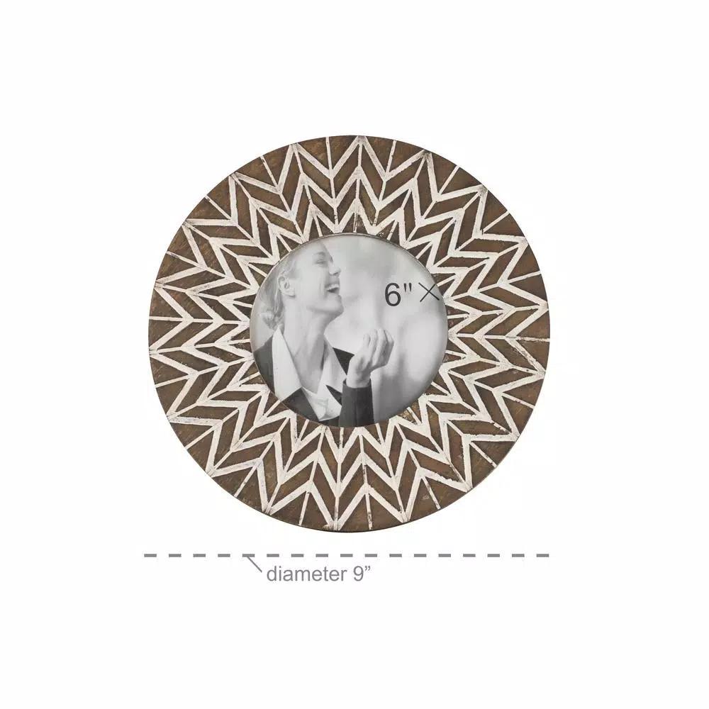 LITTON LANE 9 in. Round Carved Wood Picture Frame with Chevron Pattern, White and Natural