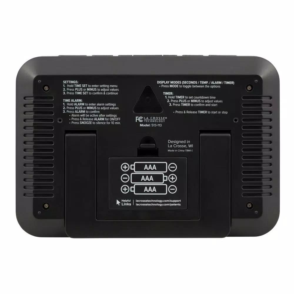 La Crosse Technology Modern Digital Wall Clock with Temperature Display, Countdown Timer, and Alarm - Black