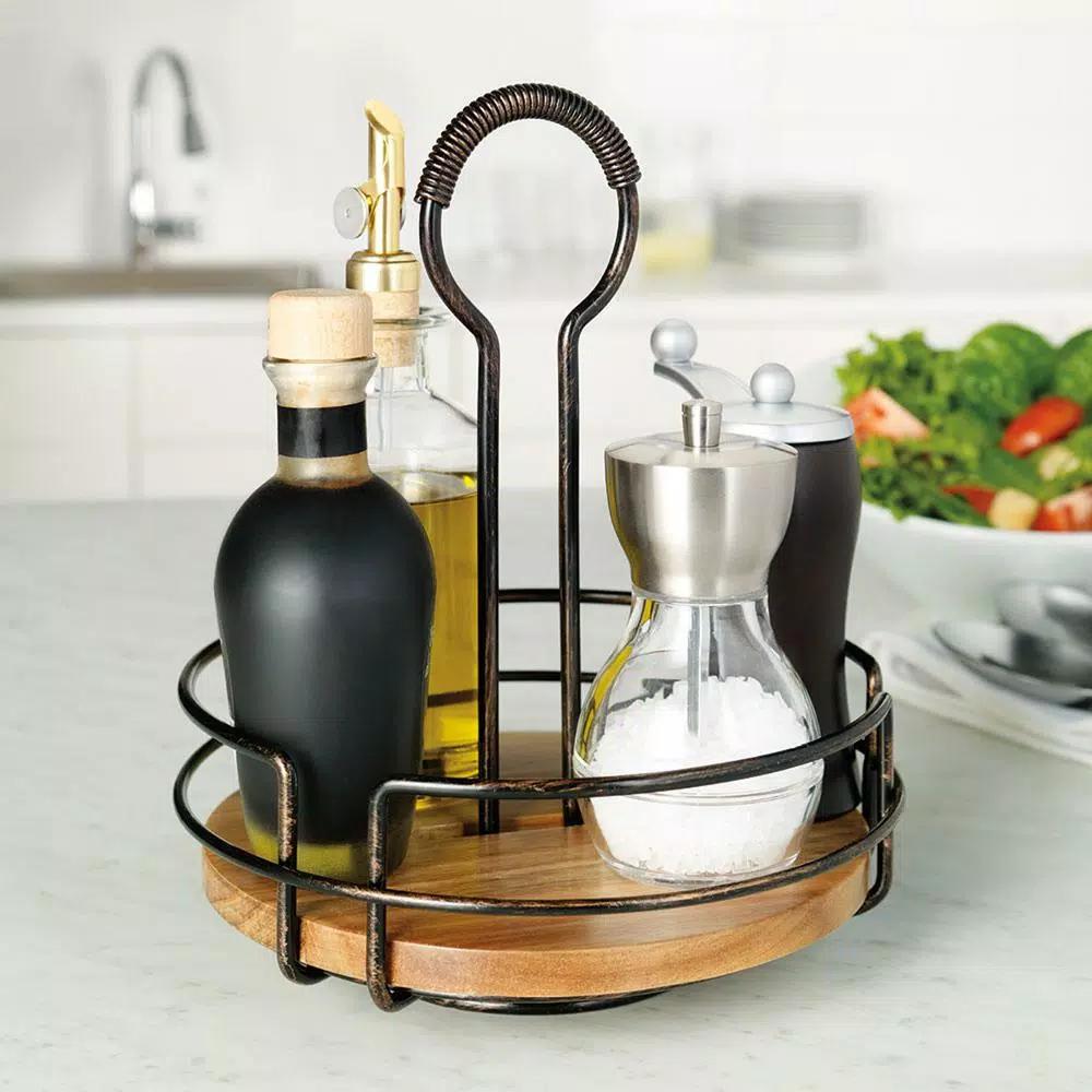 Gourmet Basics by Mikasa Mikasa Gourmet Basics Hanover Rotating Condiment Caddy, Carbon Steel & Acacia Wood, Antique Black