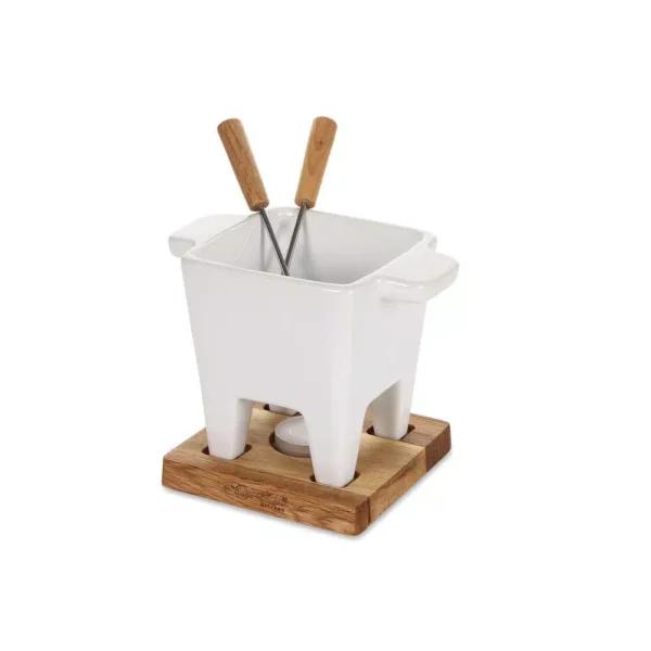 Boska Exclusive Collection 4-Piece Ceramic Fondue Set with Oak Wood Base - White