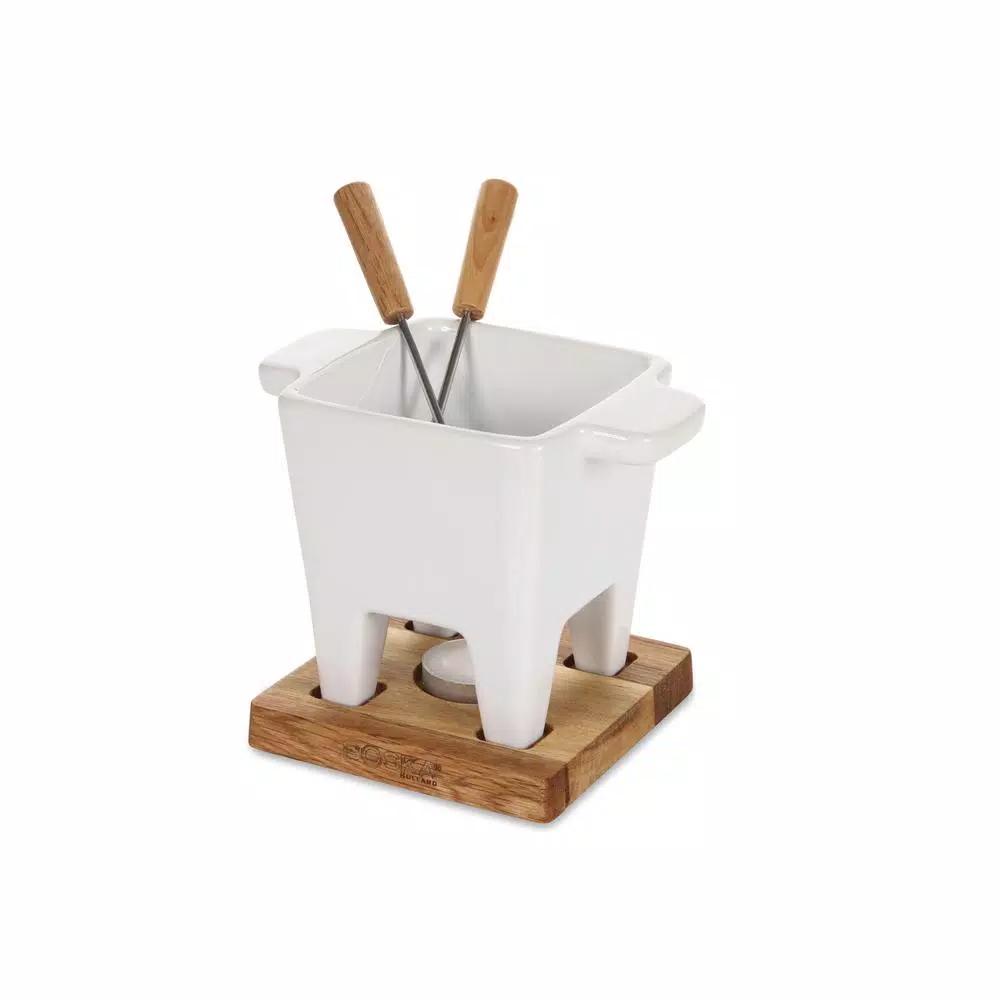 Boska Exclusive Collection 4-Piece Ceramic Fondue Set with Oak Wood Base - White
