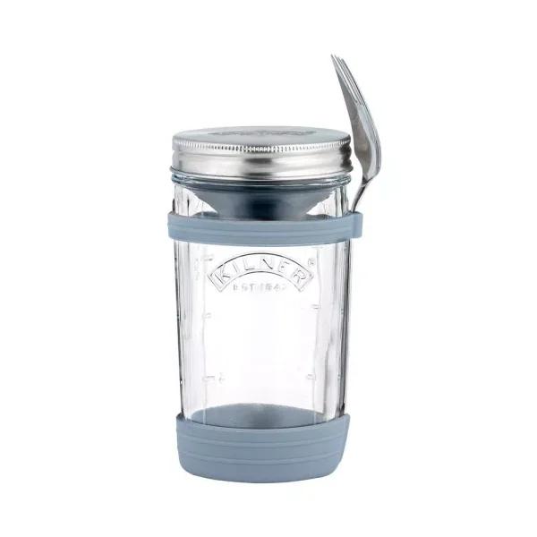 Kilner All In 1 Food To Go Set - 17 oz Wide Mouth Glass Jar with Silicone Garnish Pot & Spork