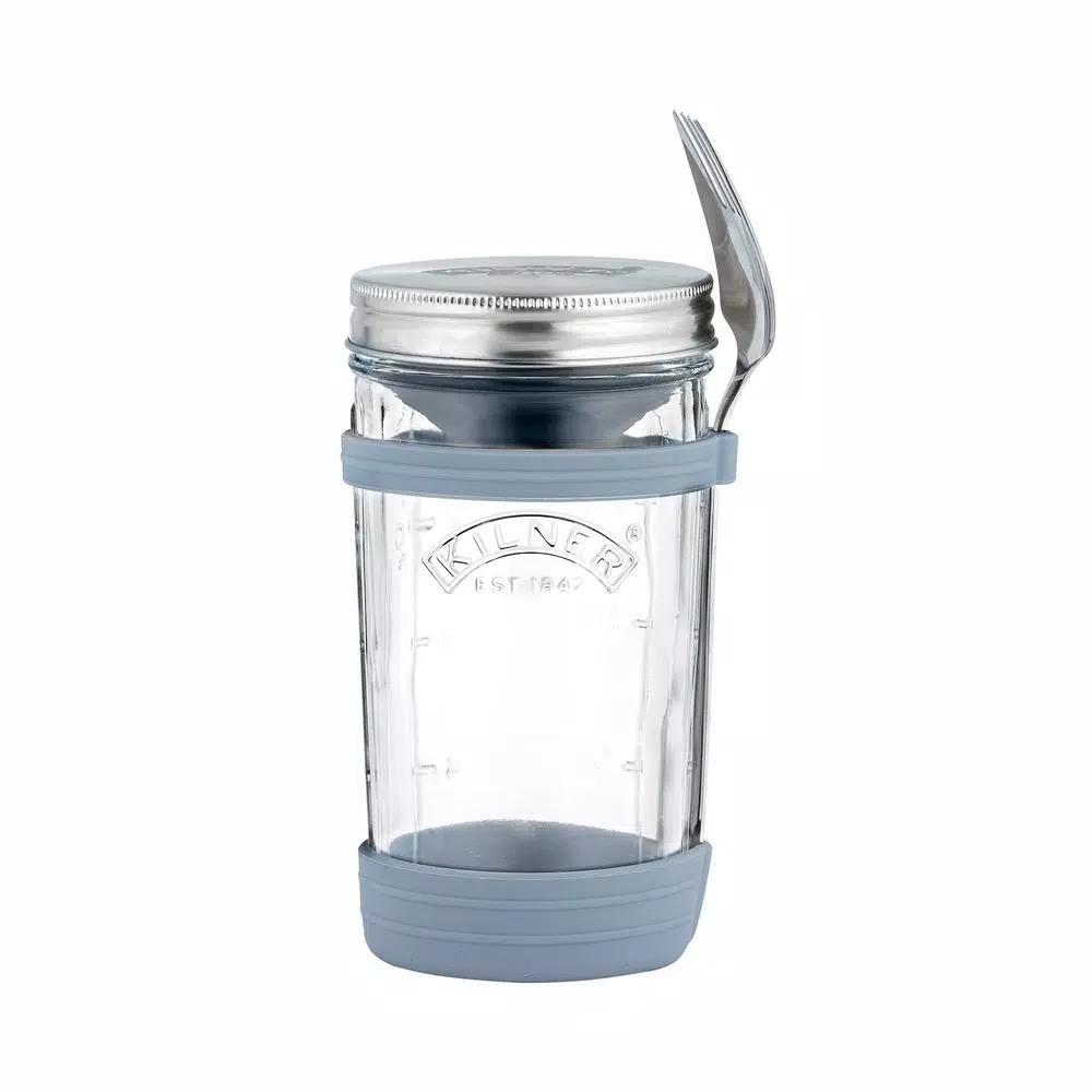 Kilner All In 1 Food To Go Set - 17 oz Wide Mouth Glass Jar with Silicone Garnish Pot & Spork