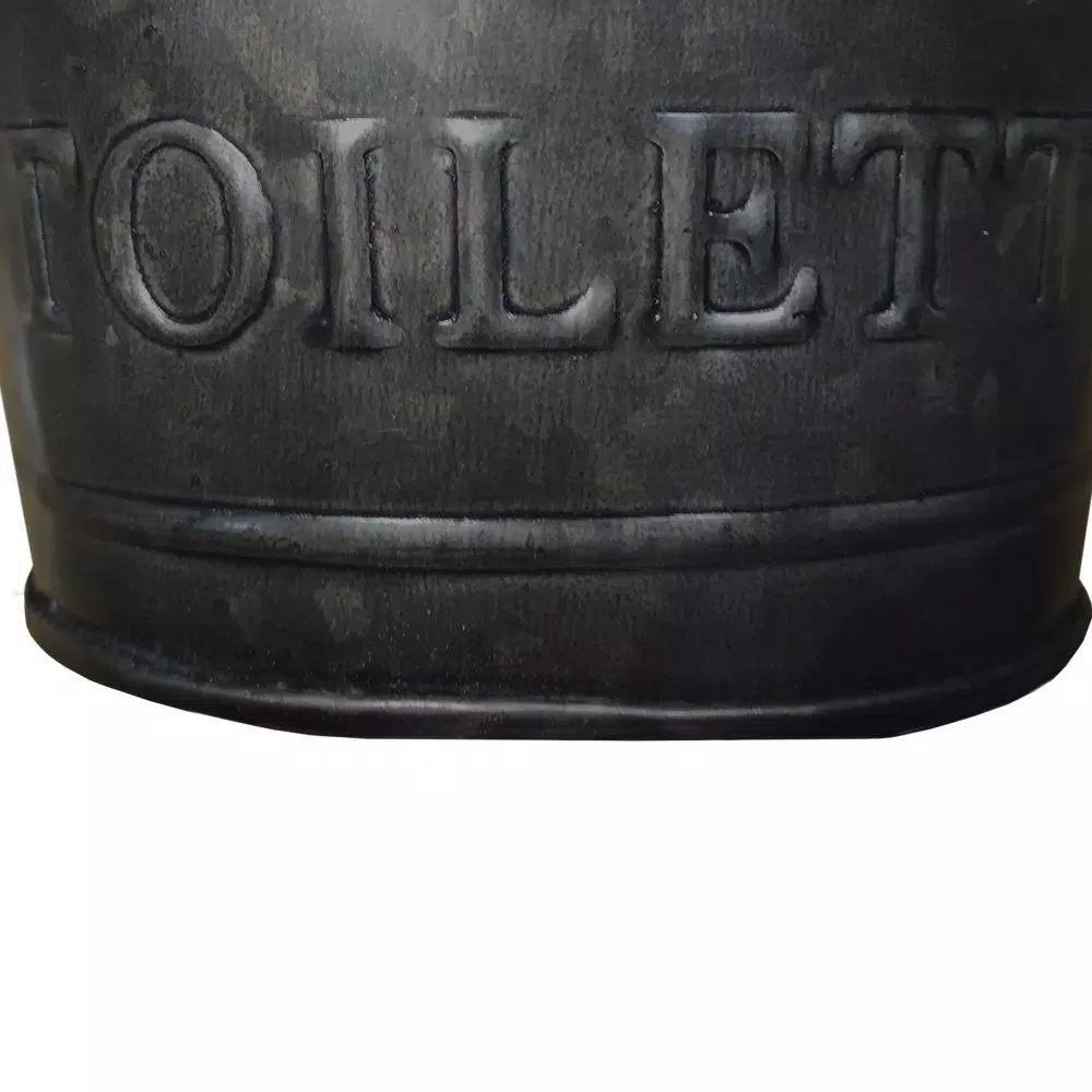 Benzara Dark Gray Iron Toilet Caddy with Wooden Handles and Embossed Tiolette Text