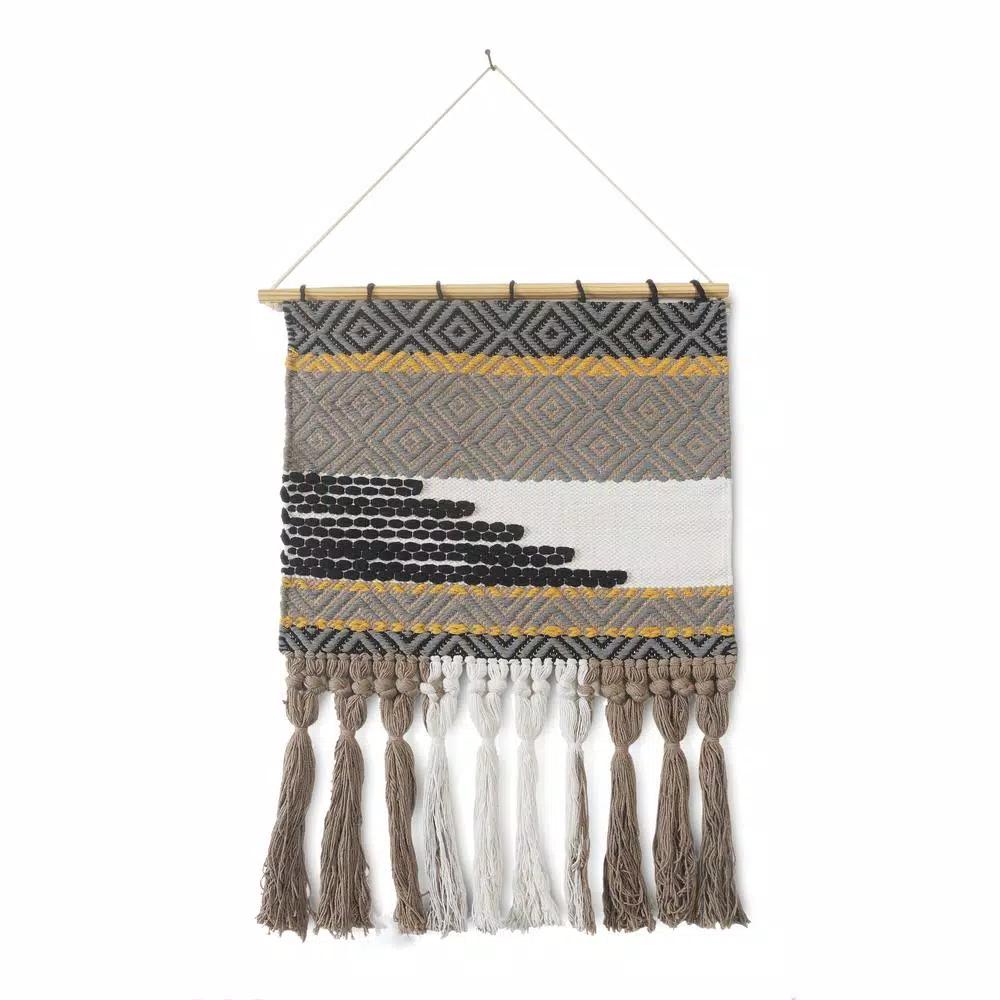 LR Home Trellis Neutral Black and Gray Geometric Fringe Wall Tapestry - Hand-Loomed Cotton Wall Hanging