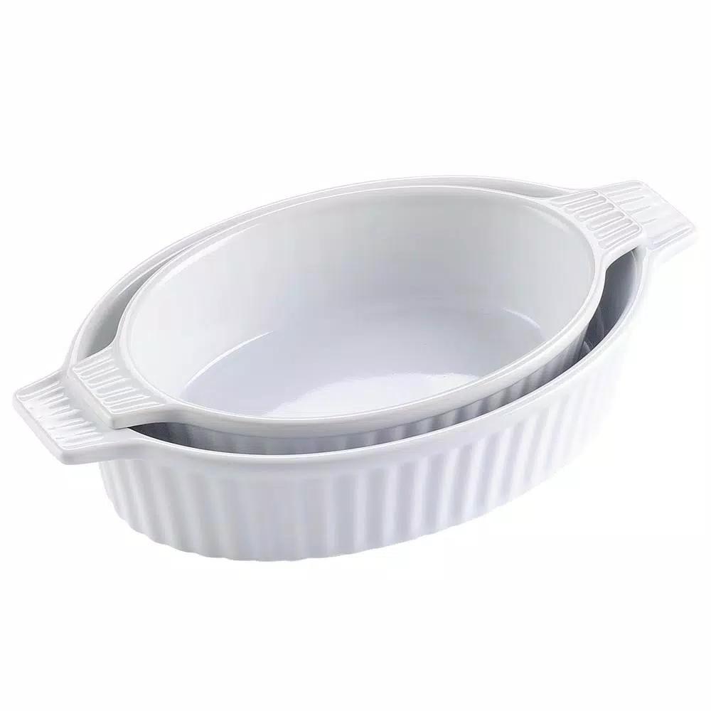 MALACASA 2-Piece White Oval Porcelain Bakeware Set, 12.75 in. and 14.5 in. Ceramic Baking Dishes