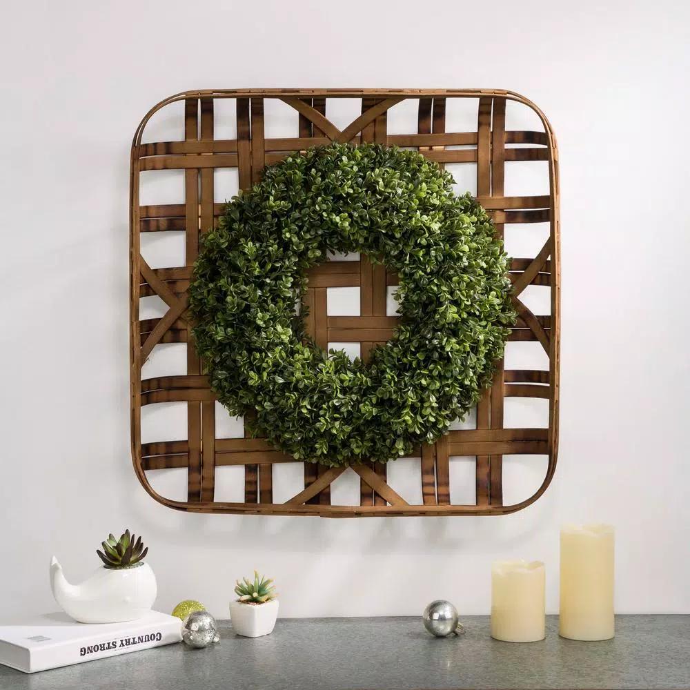 Glitzhome 18 in. Boxwood Wreath with 24 in. Bamboo Tobacco Basket Decor Set