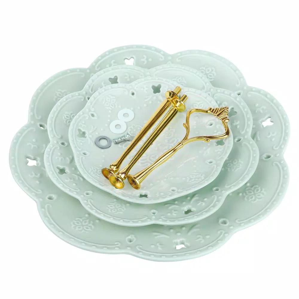 MALACASA 3-Tiered Green Porcelain Cupcake Tower Stand, Round Dessert & Cake Serving Stand