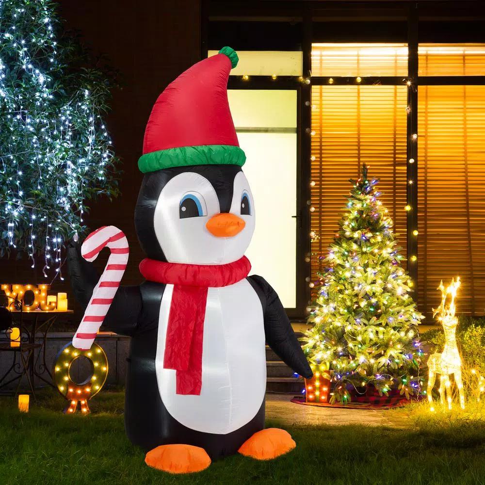 Glitzhome 8 ft. Airblown Inflatable Penguin Holiday Decor with Santa Hat and Red Scarf, Lighted