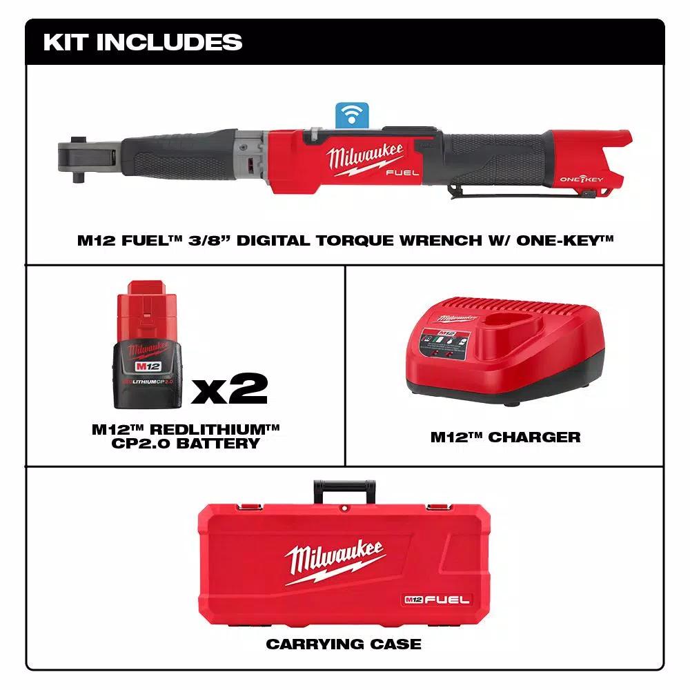 Milwaukee M12 FUEL 3/8 in. Digital Torque Wrench Kit with ONE-KEY, Two 2.0 Ah Batteries & Charger