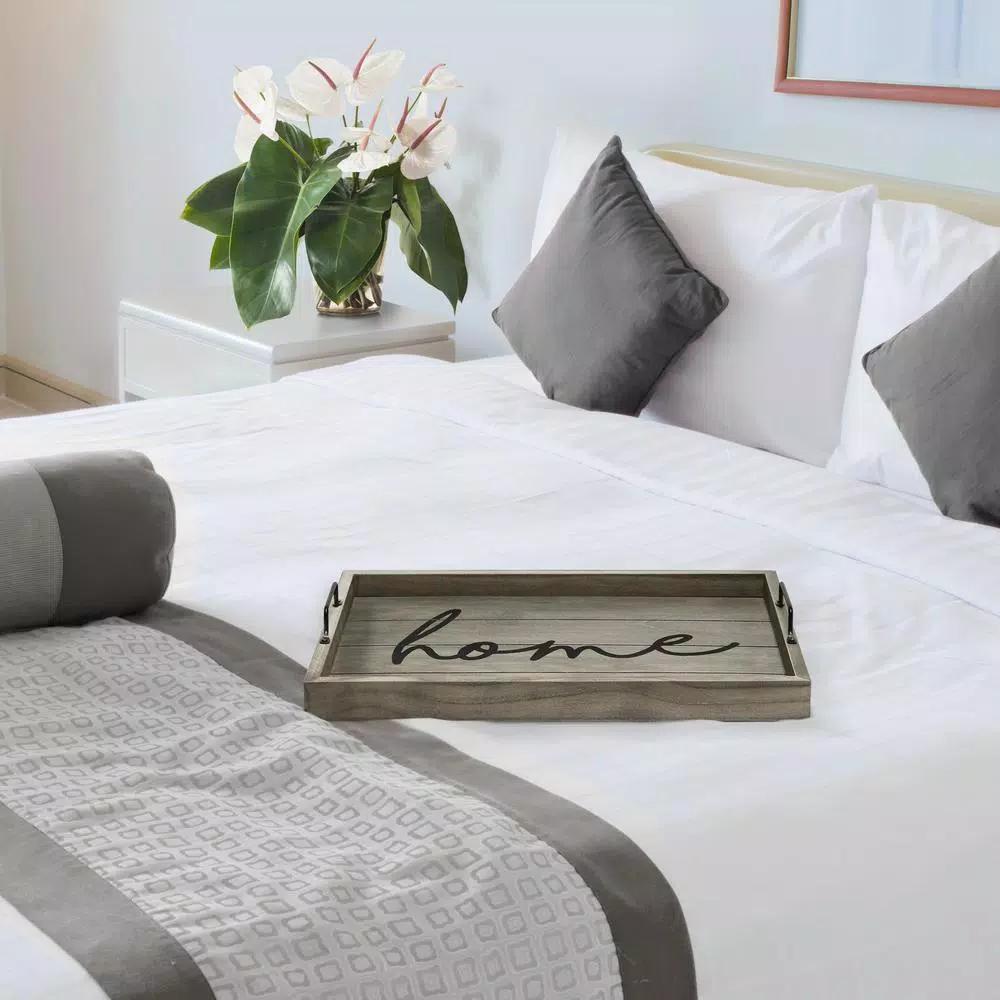 Elegant Designs Rustic Gray Wooden Decorative Serving Tray with Black Metal Handles