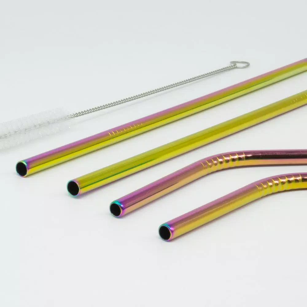 ExcelSteel 10-Piece Rainbow Stainless Steel Reusable Straw Set with Cleaning Brushes