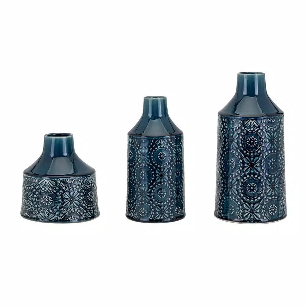 Benjara Athena Glazed Cerulean Blue Ceramic Floral Vases, Set of 3