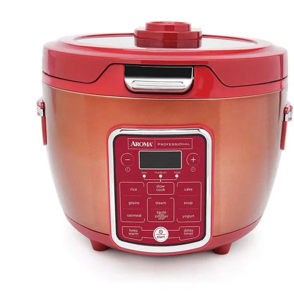 AROMA 20-Cup Red Rice Cooker and Slow Cooker with Glass Lid, 11 Programmable Functions