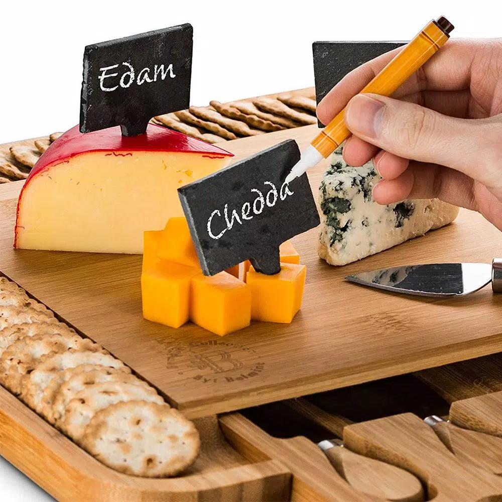 Bambusi Bambsi Bamboo Cheese Board and Cutlery Set with Slide Out Drawer and 4 Utensils
