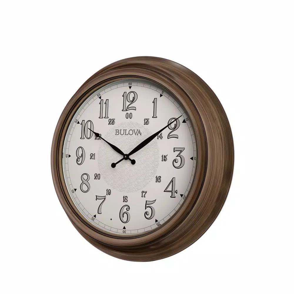 Bulova 24 in. Indoor Outdoor Wall Clock with Metal Wicker Finish and Auto-Illuminating LED Lights