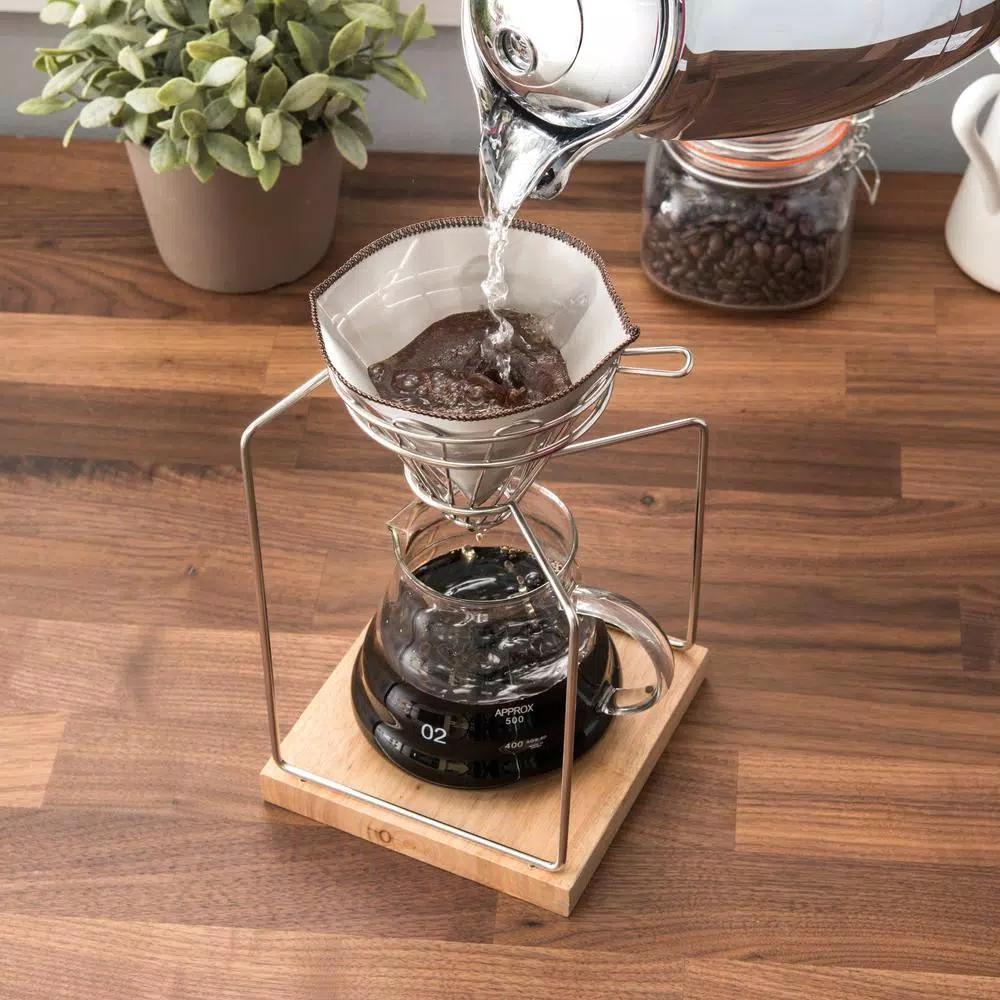 Old Dutch 20oz Stainless Steel Pour Over Coffee Maker Set with Glass Carafe and Rubberwood Base
