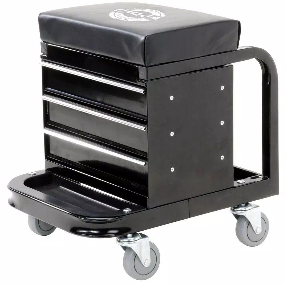 Omega 92450 Heavy Duty Mechanic's Creeper Seat with 3-Drawer Tool Box, 450 lb Capacity