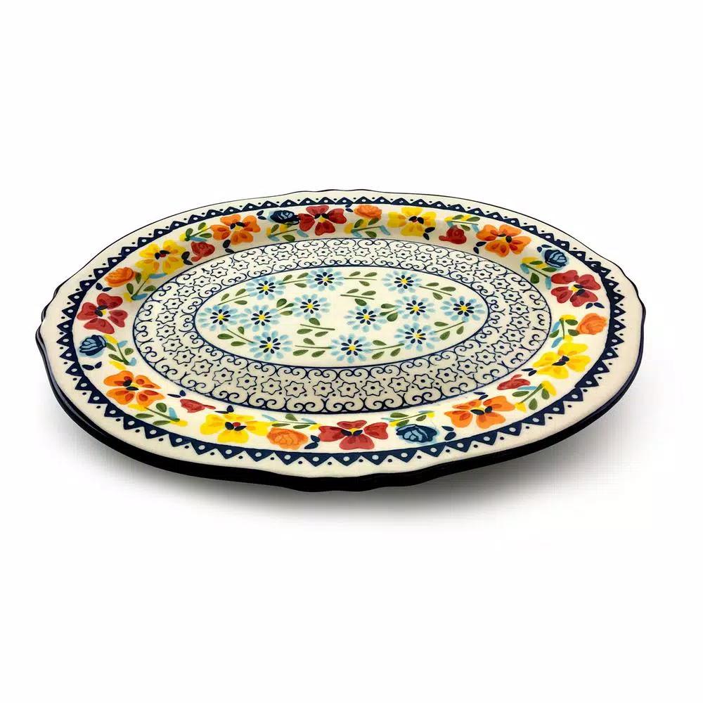 GIBSON elite Luxembourg 14 in. Multicolored Hand Painted Stoneware Oval Serving Platter